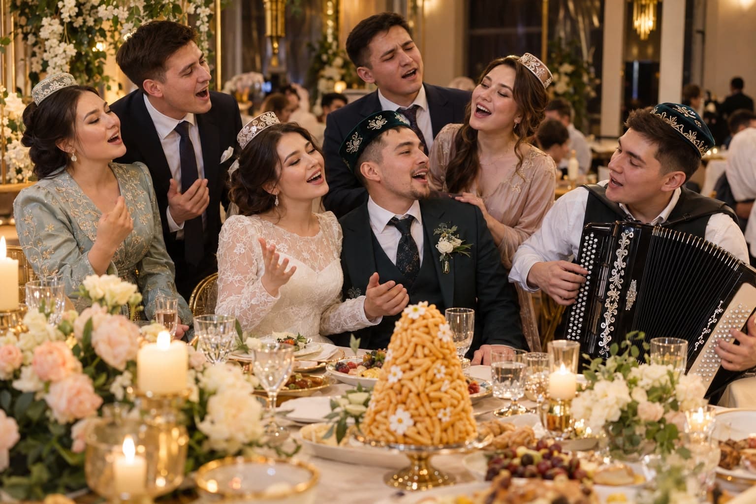 Guests in Tatar kalfak caps and embroidered skullcaps sing with the newlyweds to an accordion beside a towering chak-chak